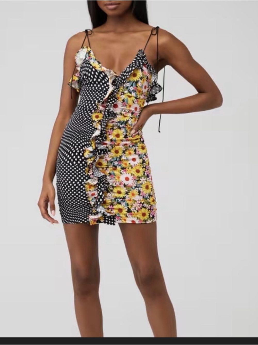 For Love And Lemons Black Polka Dot & Yellow Floral Ruffle Mini Dress